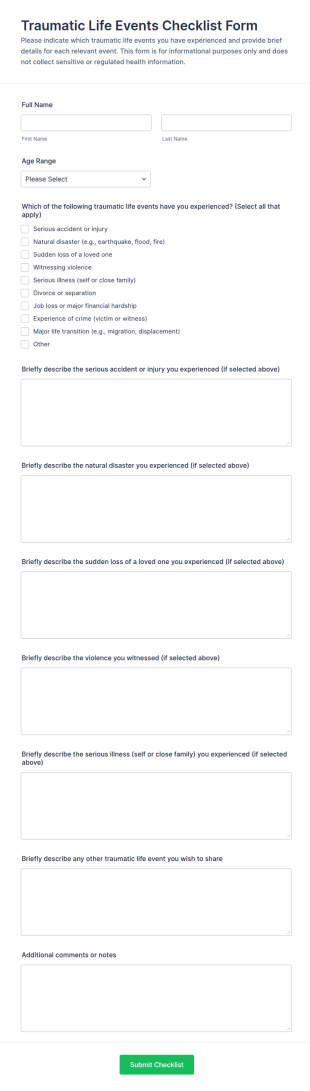 Traumatic Life Events Checklist Form Template