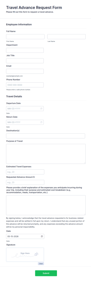 Travel Advance Request Form Template