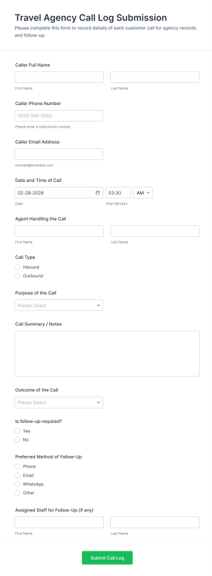 Travel Agency Call Log Submission Form Template
