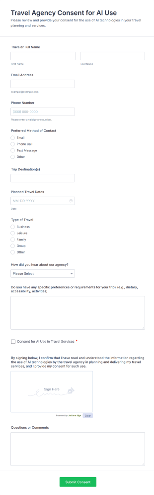 Travel Agency Consent For AI Use Form Template