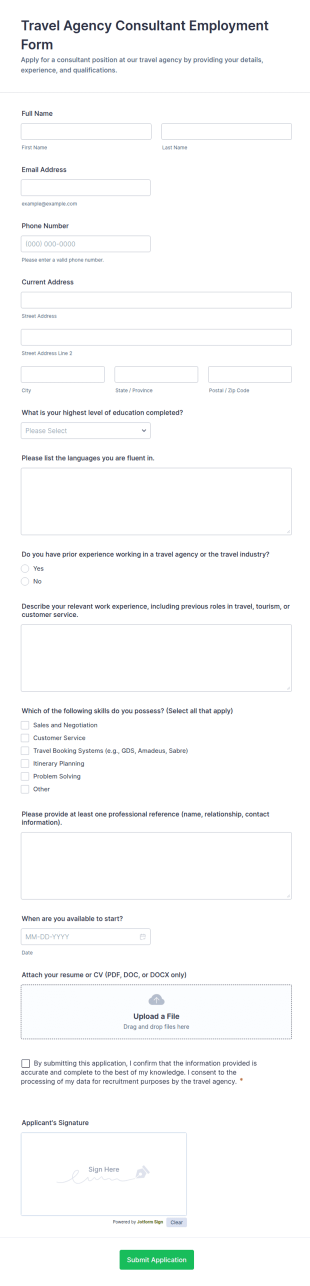 Travel Agency Consultant Employment Form Template