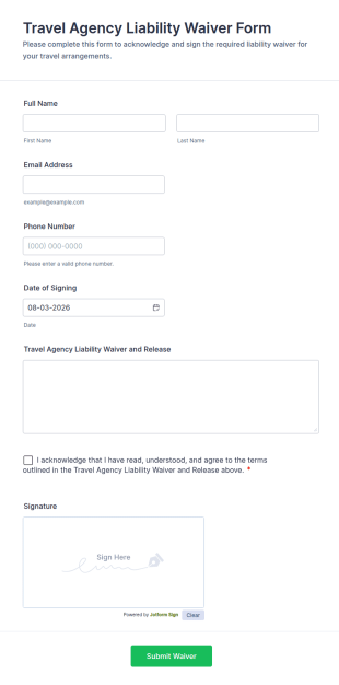 Travel Agency Liability Waiver Form Template