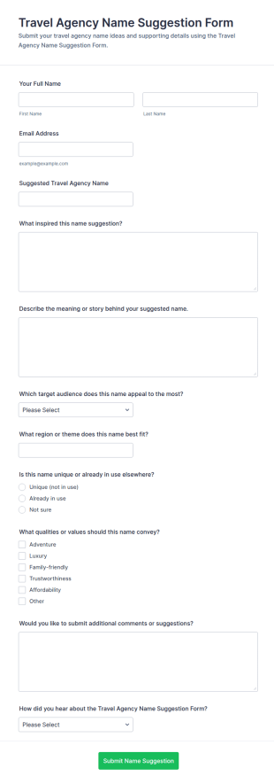 Travel Agency Name Suggestion Form Template