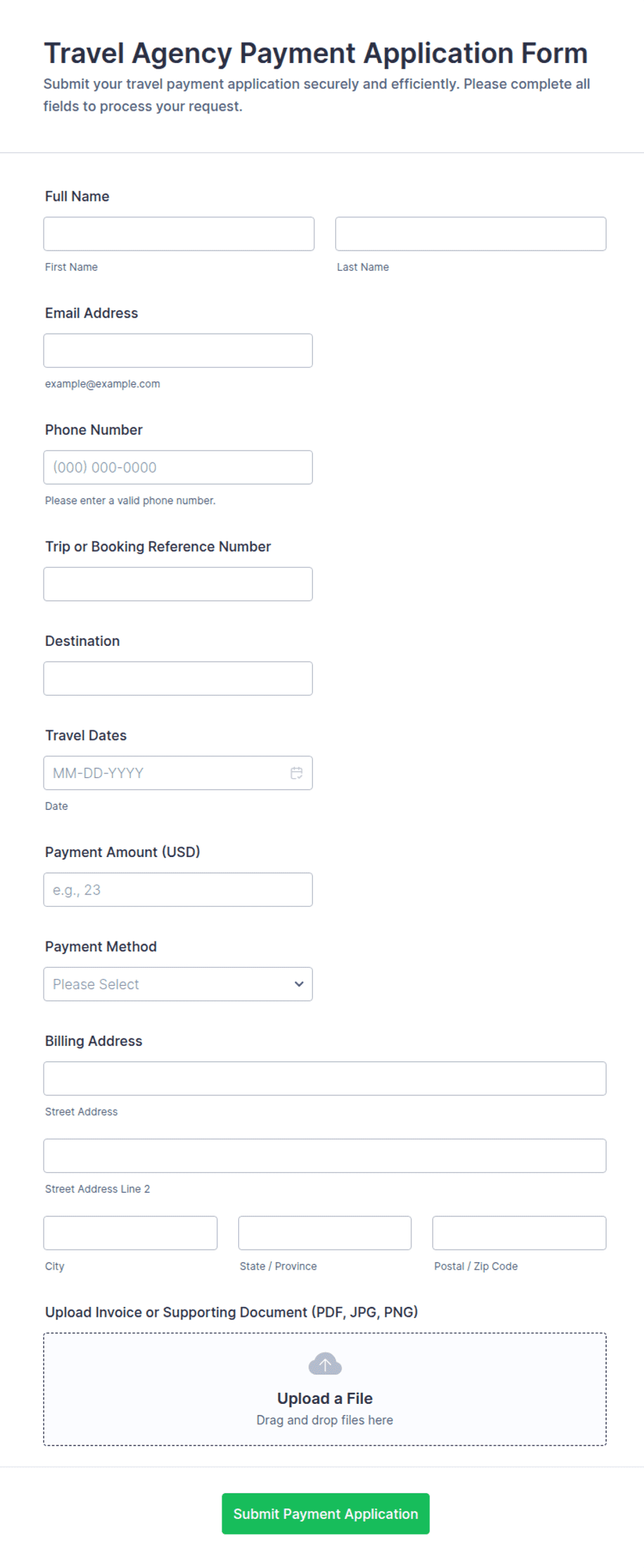 Travel Agency Payment Application Form Template | Jotform