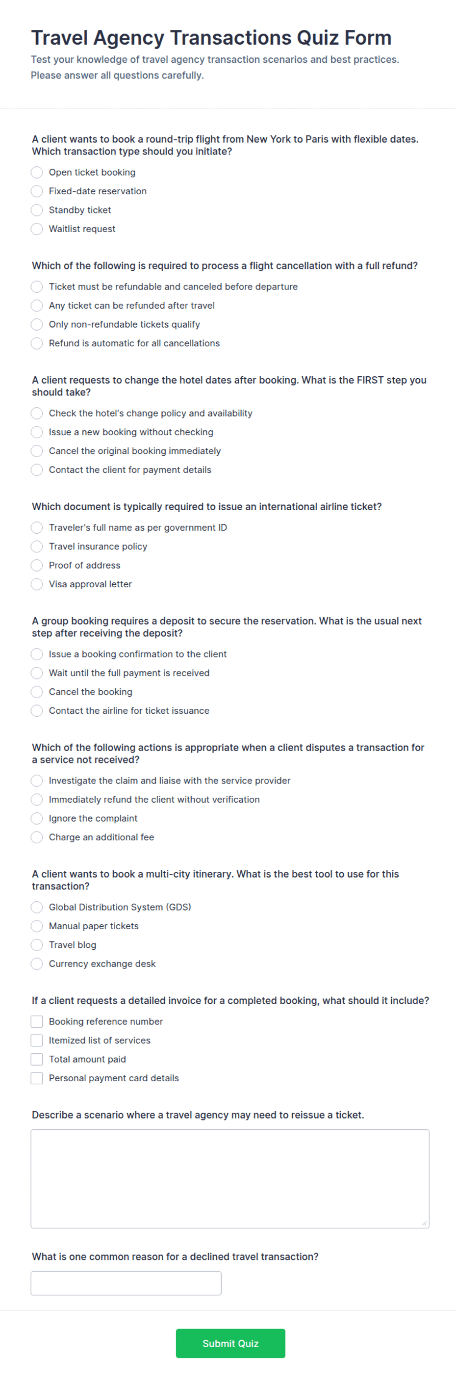 Travel Agency Transactions Quiz Form Template | Jotform