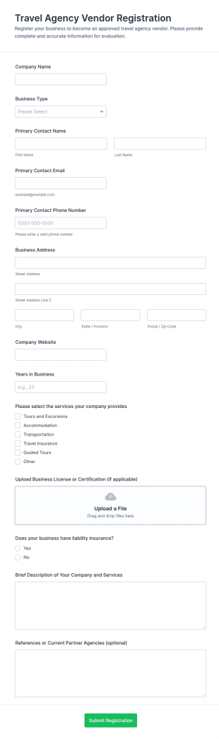 Travel Agency Vendor Registration Form Template