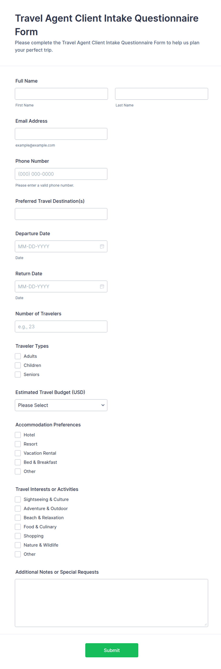 Travel Agent Client Intake Questionnaire Form Template | Jotform