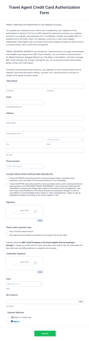 Travel Agent Credit Card Authorization Form Template