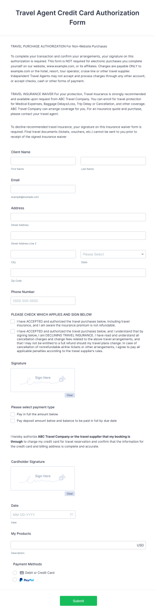 Travel Agent Credit Card Authorization Form Template
