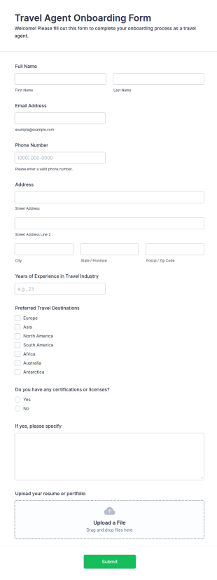 Travel Agent Onboarding Form Template