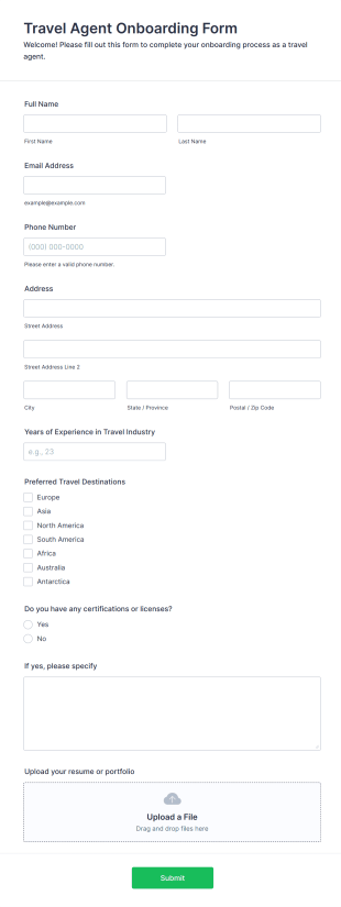 Travel Agent Onboarding Form Template