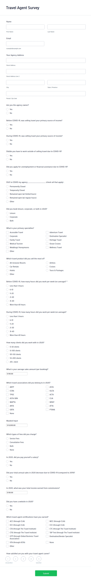 Travel Agent Survey Form Template