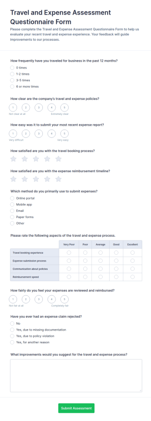 Travel And Expense Assessment Questionnaire Form Template