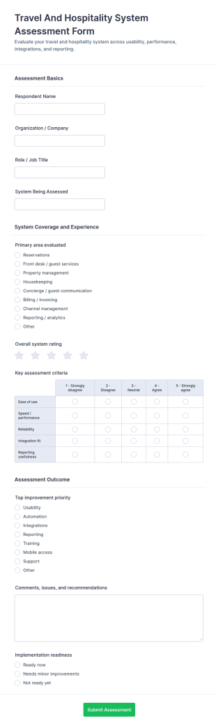 Travel And Hospitality System Assessment Form Template