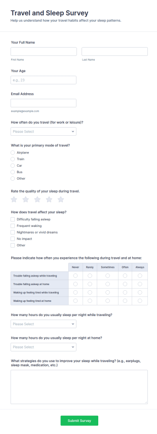 Travel And Sleep Survey Form Template