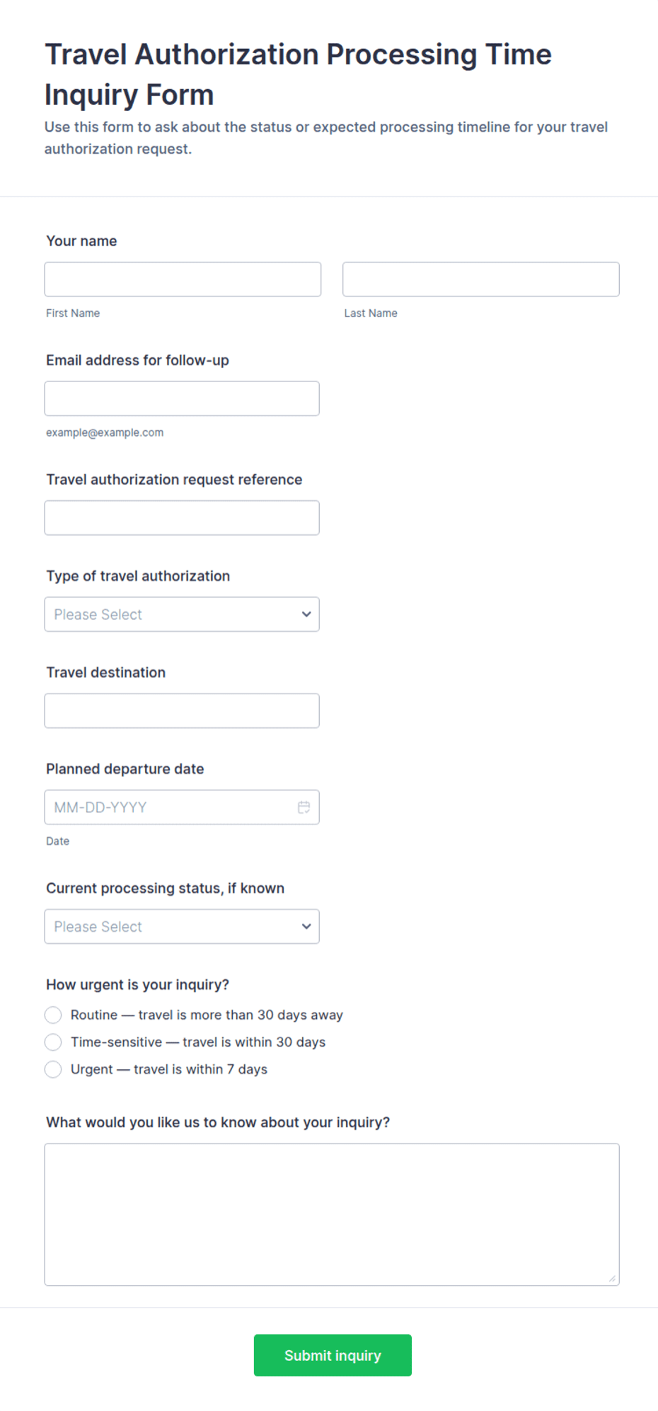 Travel Authorization Processing Time Inquiry Form Template | Jotform