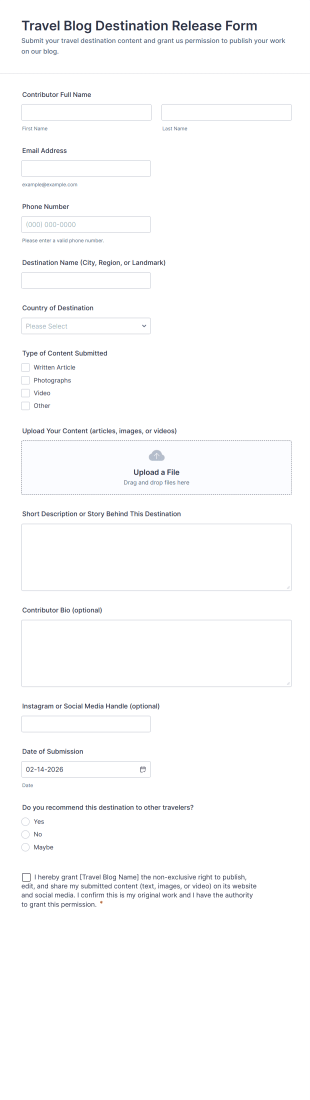 Travel Blog Destination Release Form Template
