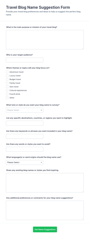 Travel Blog Name Suggestion Form Template