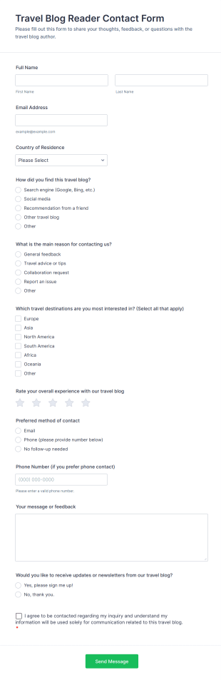 Travel Blog Reader Contact Form Template