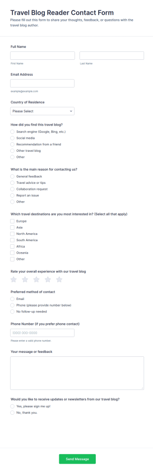 Travel Blog Reader Contact Form Template