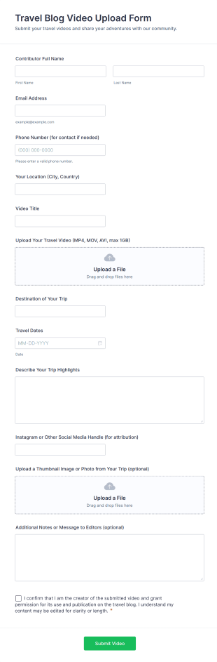 Travel Blog Video Upload Form Template