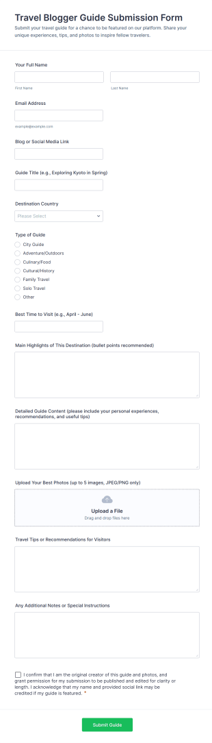Travel Blogger Guide Submission Form Template
