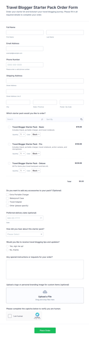 Travel Blogger Starter Pack Order Form Template