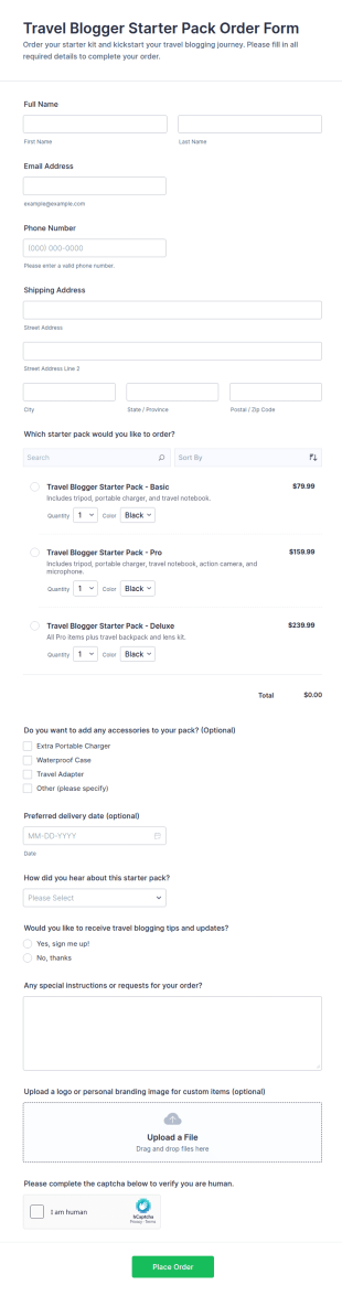 Travel Blogger Starter Pack Order Form Template