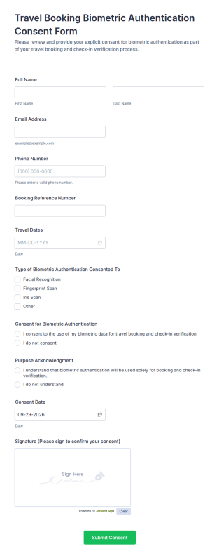 Travel Booking Biometric Authentication Consent Form Template