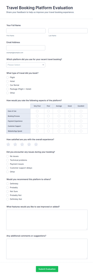 Travel Booking Platform Evaluation Form Template