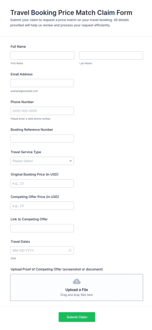 Travel Booking Price Match Claim Form Template