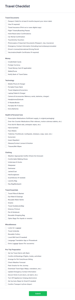 Travel Checklist Form Template
