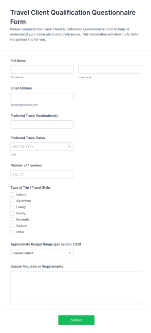 Travel Client Qualification Questionnaire Form Template