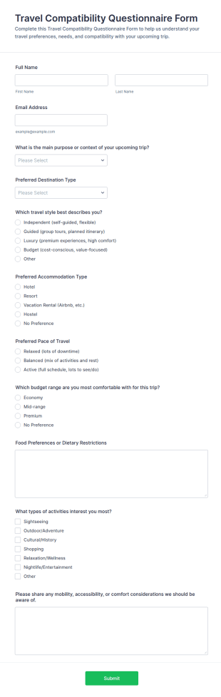 Travel Compatibility Questionnaire Form Template