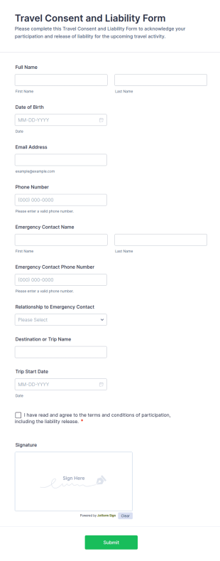 Travel Consent And Liability Form Template
