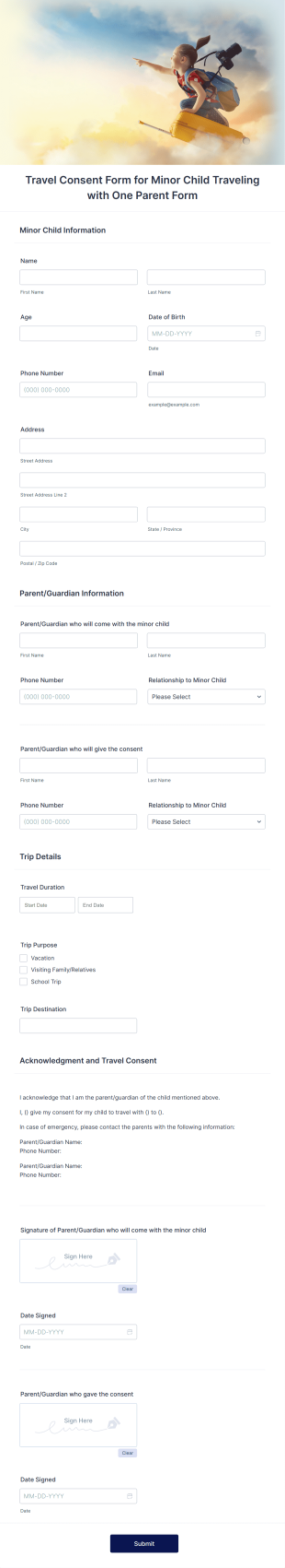Travel Consent Form For Minor Child Traveling With One Parent Form