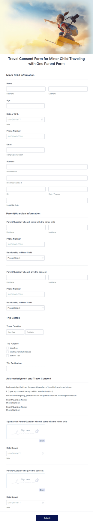 Travel Consent Form For Minor Child Traveling With One Parent Form