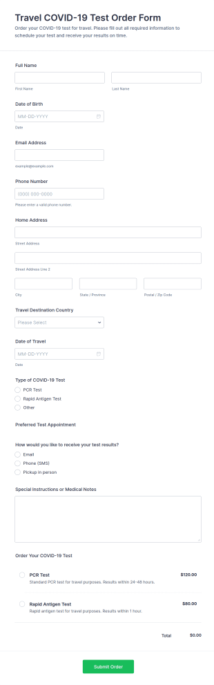 Travel COVID 19 Test Order Form Template