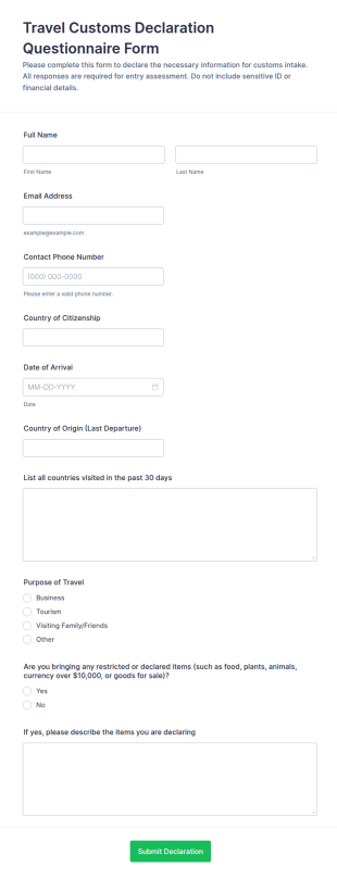 Travel Customs Declaration Questionnaire Form Template