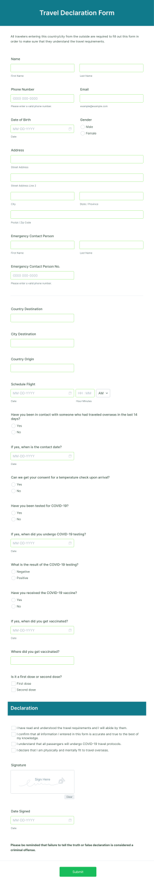 Travel Declaration Form Template