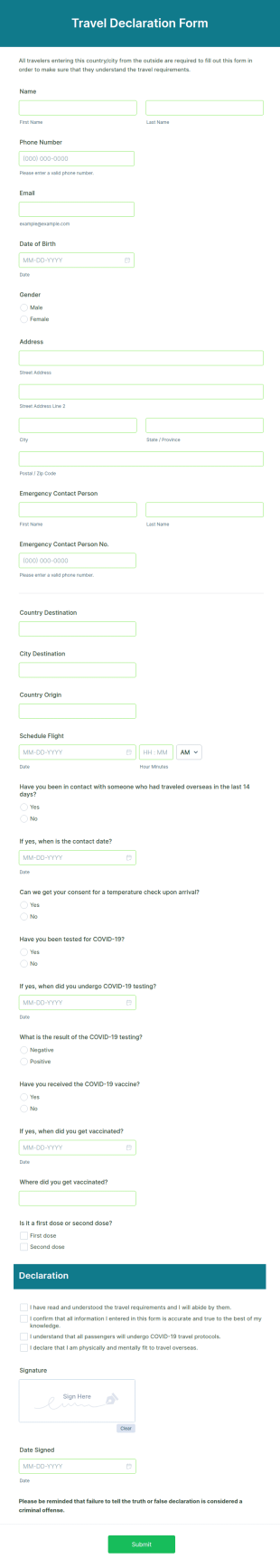Travel Declaration Form Template
