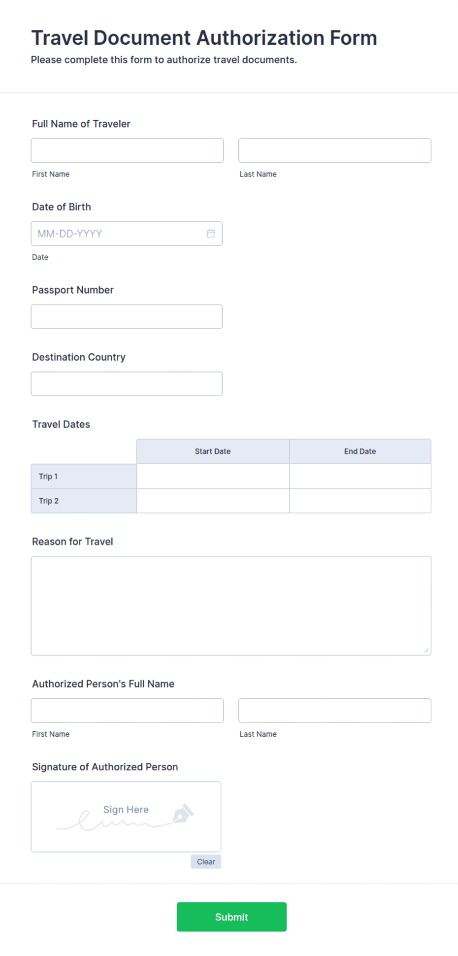 Travel Document Authorization Form Template | Jotform