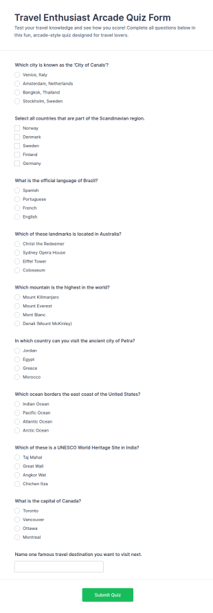 Travel Enthusiast Arcade Quiz Form Template