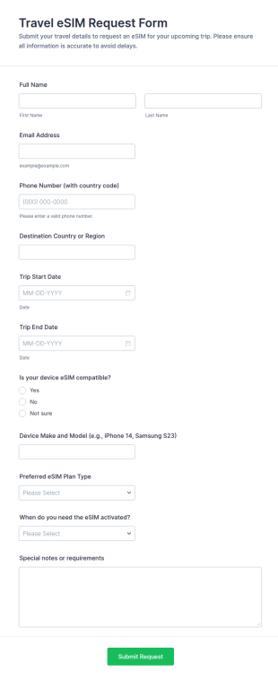 Travel ESIM Request Form Template