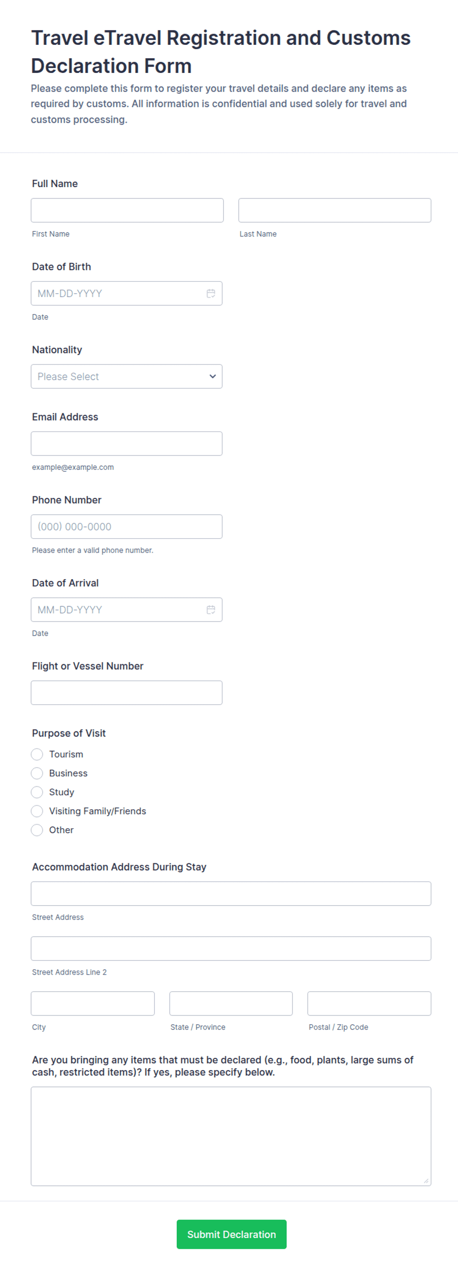 Travel eTravel Registration and Customs Declaration Form Template | Jotform