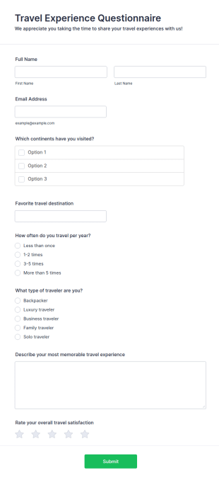 Travel Experience Questionnaire Form Template