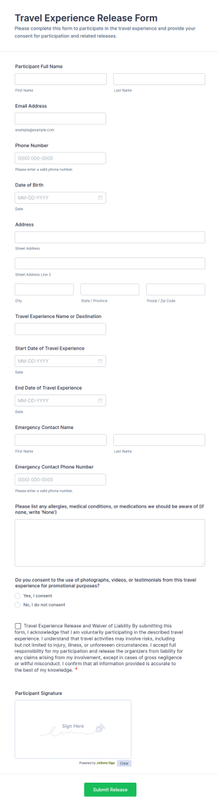Travel Experience Release Form Template