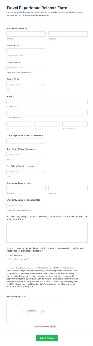 Travel Experience Release Form Template