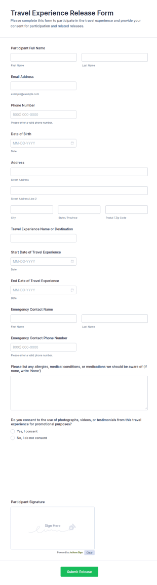 Travel Experience Release Form Template