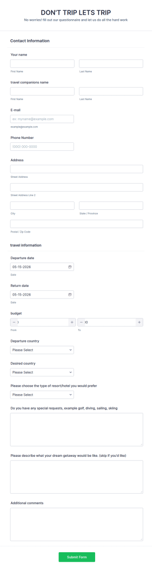 Travel Preferences Questionnaire Form Template